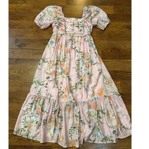 By the River Floral Print Puff Sleeve Midi Dress Pink Size Medium Feminine Chic